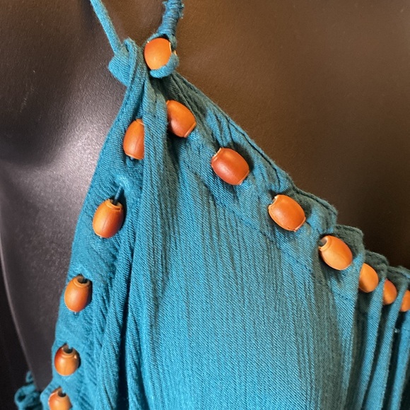 Free People Blue Green Maxi Oversized Sleeveless Dress with Wooden Beading SP - Picture 6 of 11